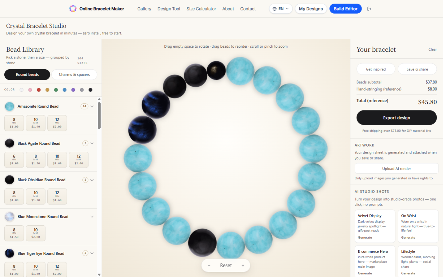 Designing a beaded bracelet in the online designer